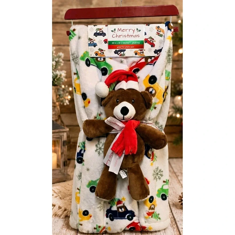 Christmas Teddy Bear Plush Toy 40x50 Fleece Blanket Set Holiday Cars Photo